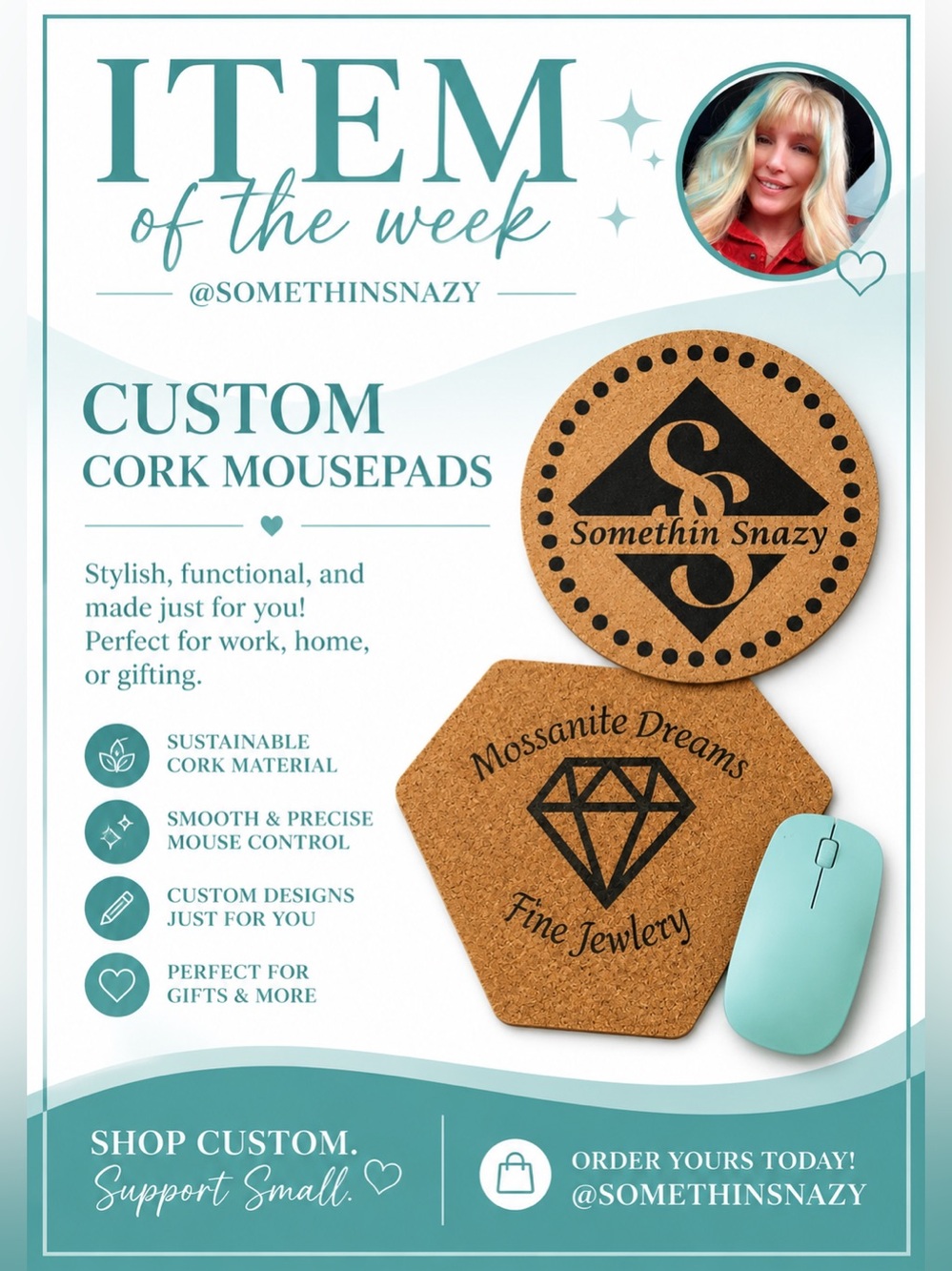 Hand crafted and designed by me Cork mouse pads customizable- made to order 7x7